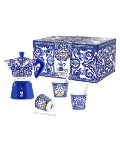 Set Moka Express Blu Mediterraneo 6 tz, 3 bicchierini di porcellana e 3 palettine argentate