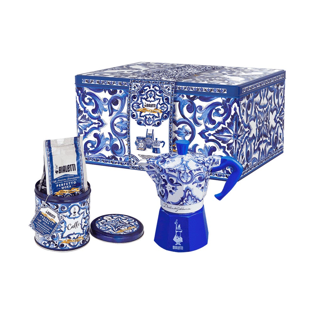 Set Moka Express Blu Mediterraneo 3 tz e Perfetto Moka Autentico