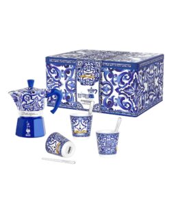 Set Moka Express Blu Mediterraneo 3 tz, 3 bicchierini di porcellana e 3 palettine argentate