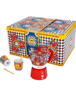 Set Moka Express Carretto Siciliano 2 tz, 2 bicchierini in porcellana e 2 palettine dorate